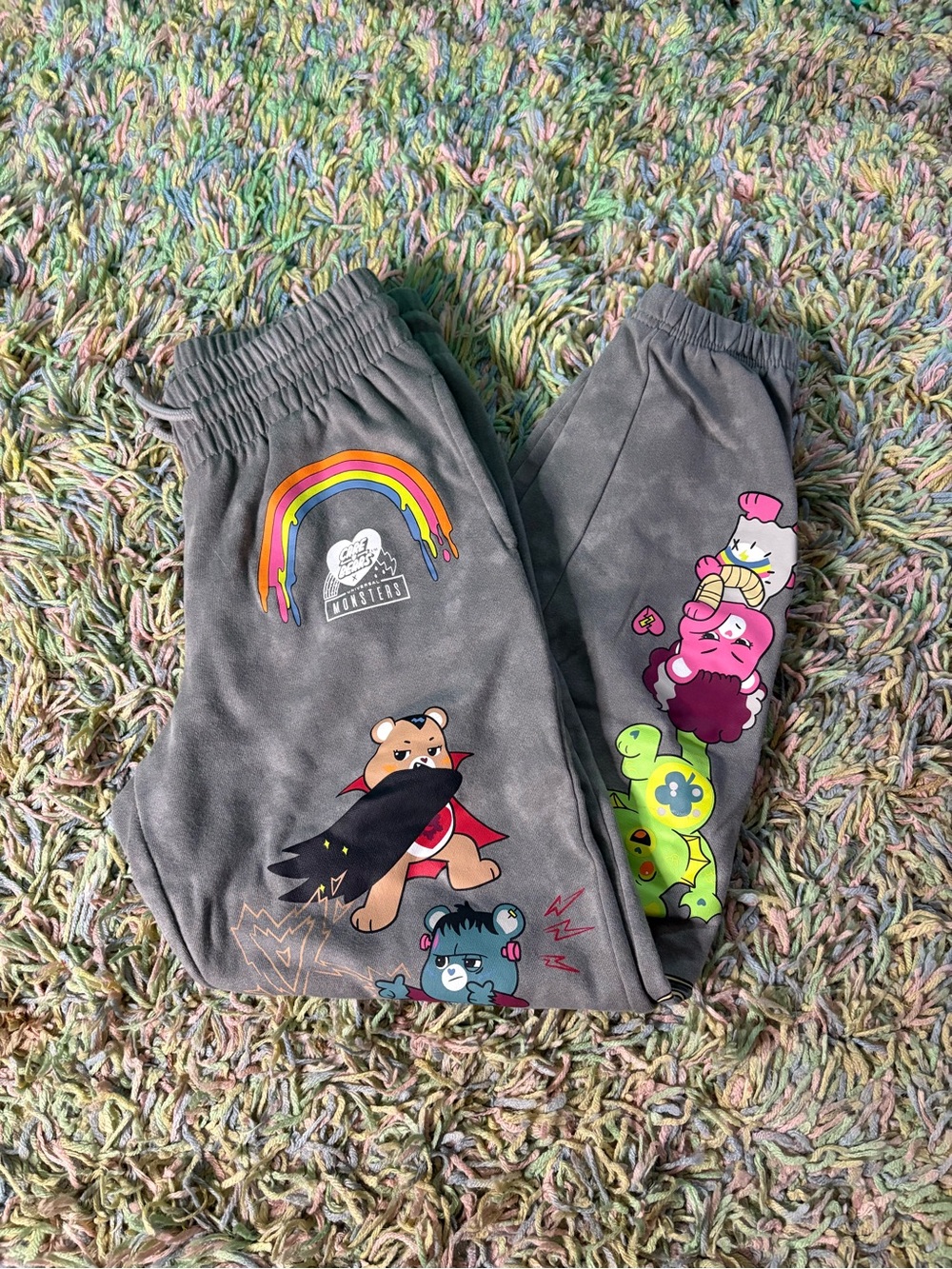 Gray Graphic sweatpants with Carebears x Universal Monsters Prints
